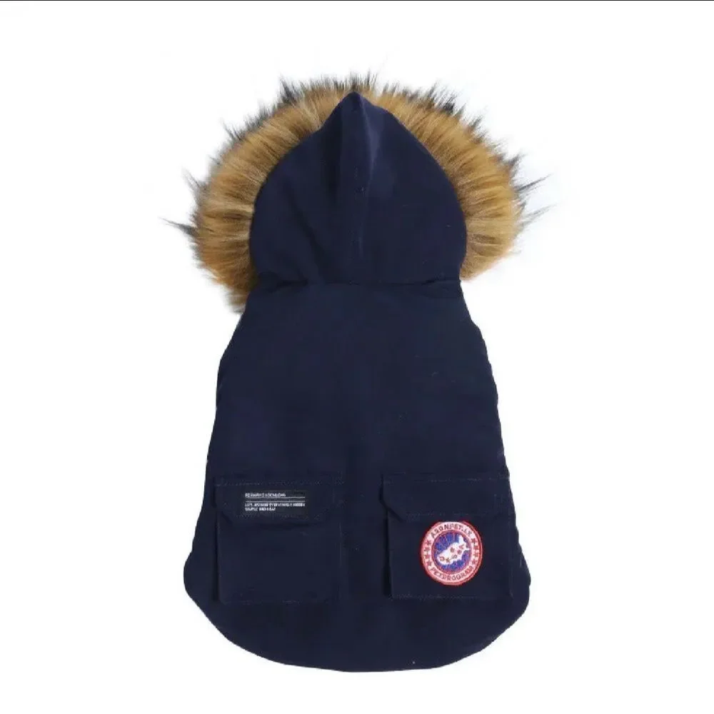 Navy Hooded Dog Jacket with Fur Trim